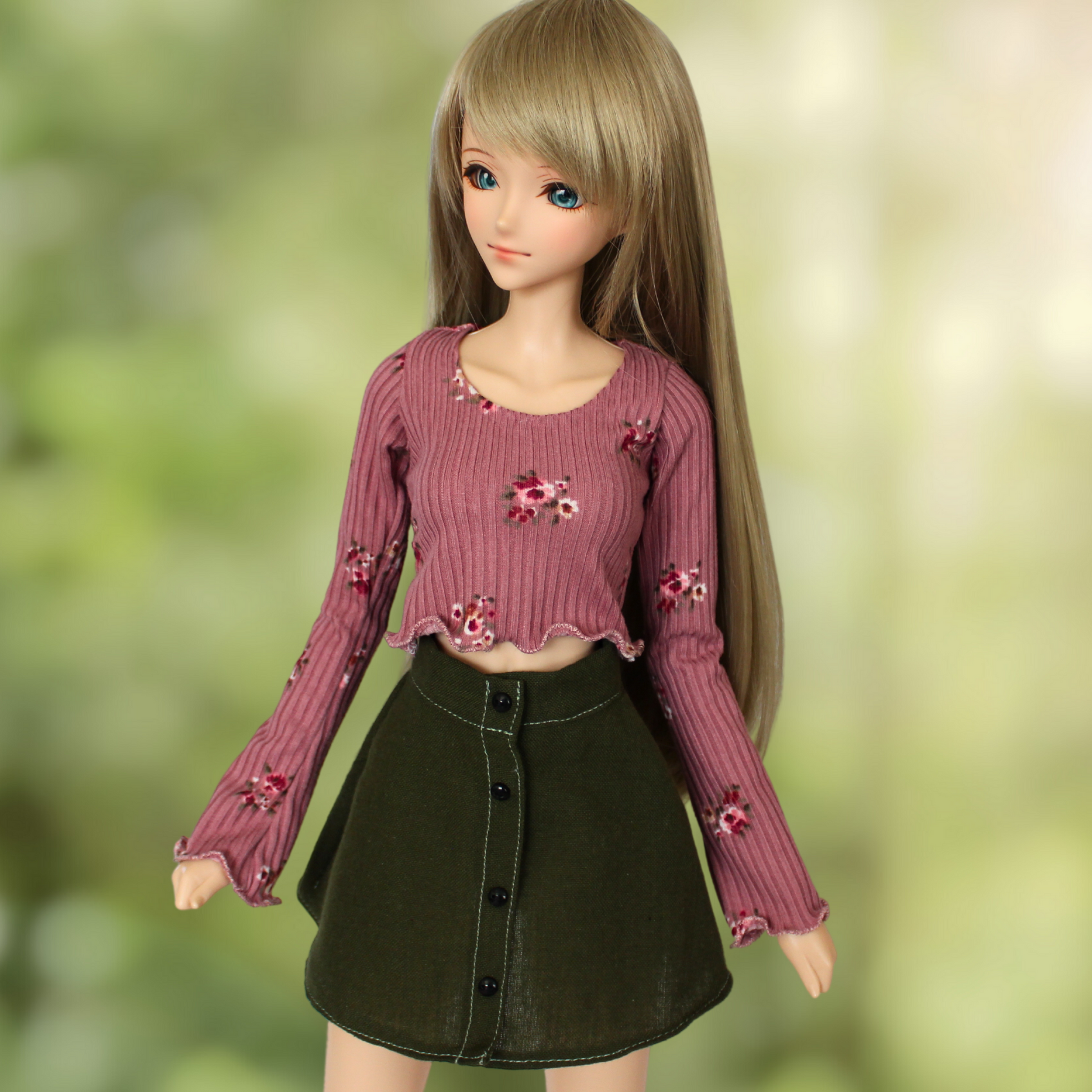 Pink Floral Blouse and Button-Down Skirt Set - The Doll Fairy