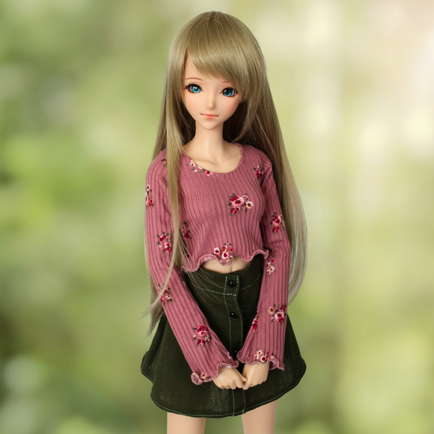 Pink Floral Blouse and Button-Down Skirt Set - The Doll Fairy