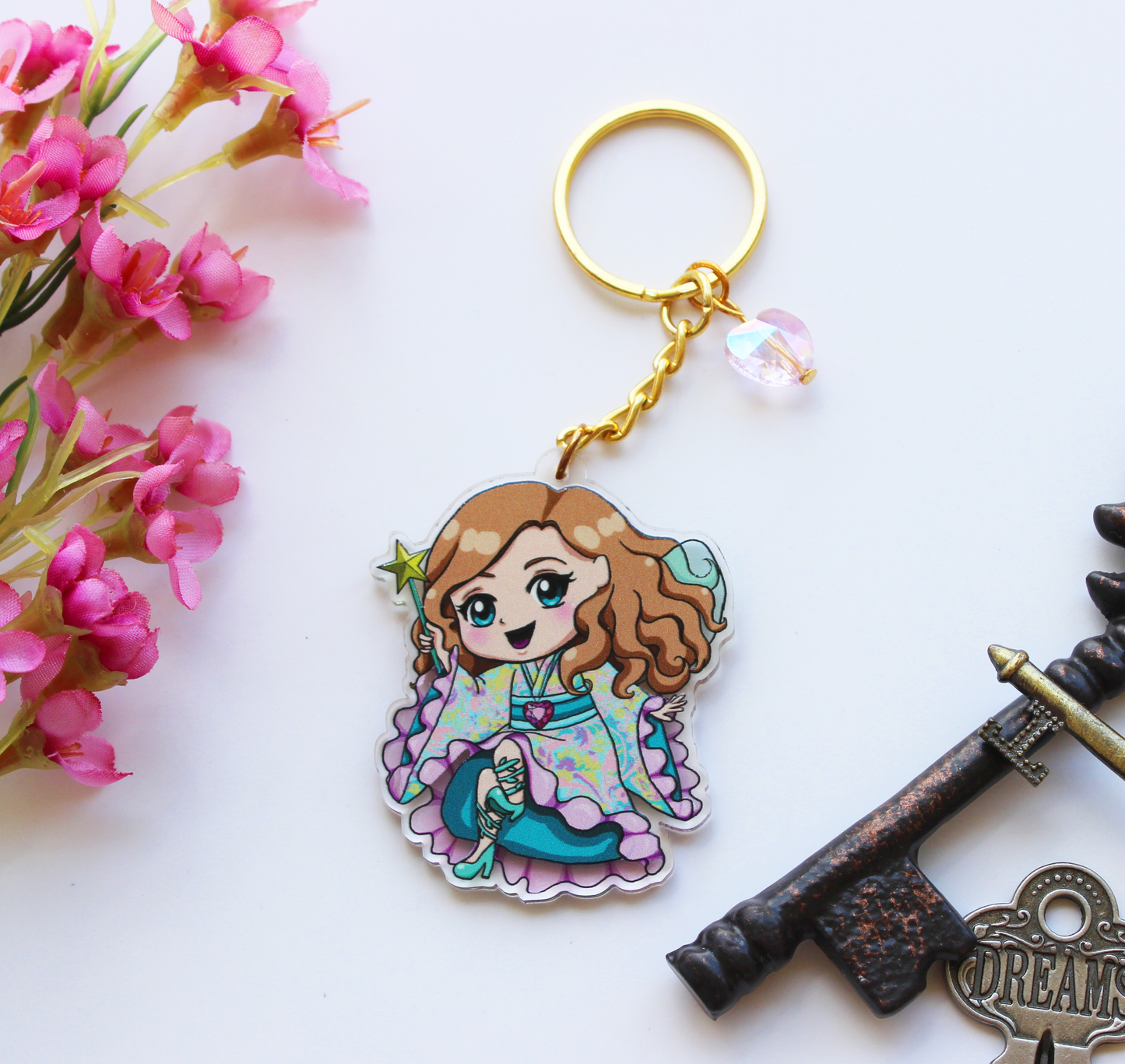 Doll Fairy Chibi Acrylic Charm Key Chain with Crystal Heart - The Doll Fairy